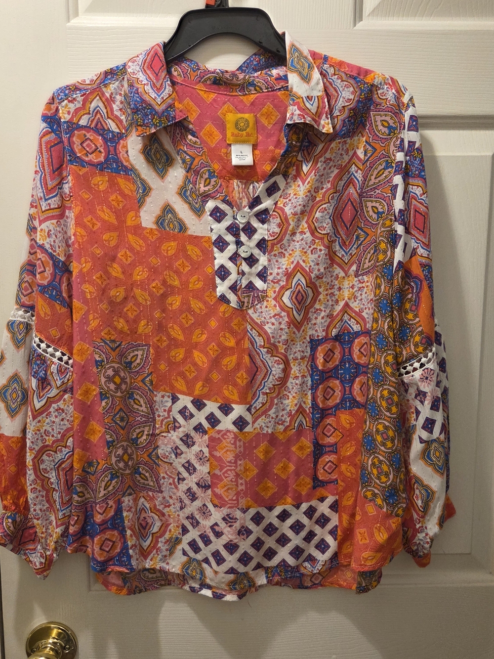 Patchwork Print Collared blouse in Orange and Pink